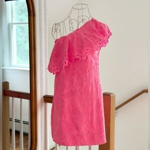 Farm Rio pink one shoulder ruffle mini dress